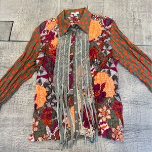 Jaipur Boho Patchwork Button Up Floral Fringe Blouse- Large